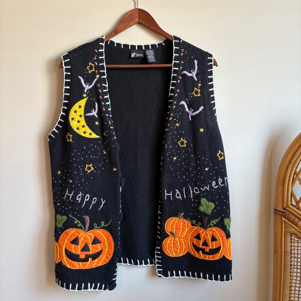 Vintage Y2K Holiday Editions Halloween Embroidered Knit Cotton Blend Button Vest